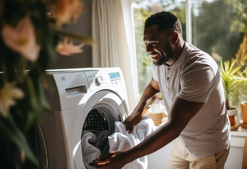 man loading laundry into washing machine