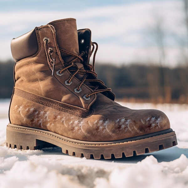 rugged brown leather boot with sturdy laces on a snowy ground, highlighting its durability and readiness for winter weather
