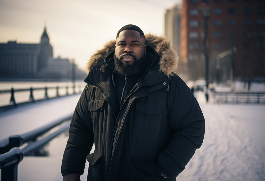 large man wearing parka in winter