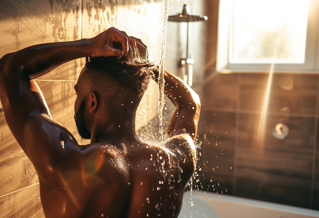 man in a shower washing hair