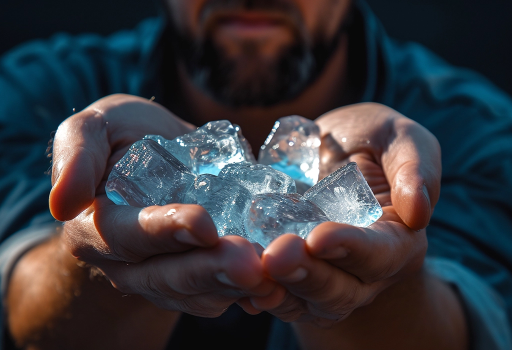 man holding ice cubes in his hands
