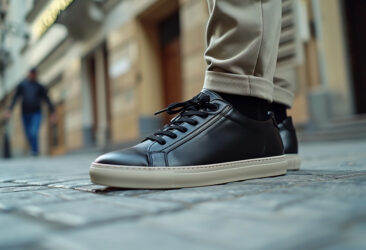 Black dress sneakers with cuffed chinos