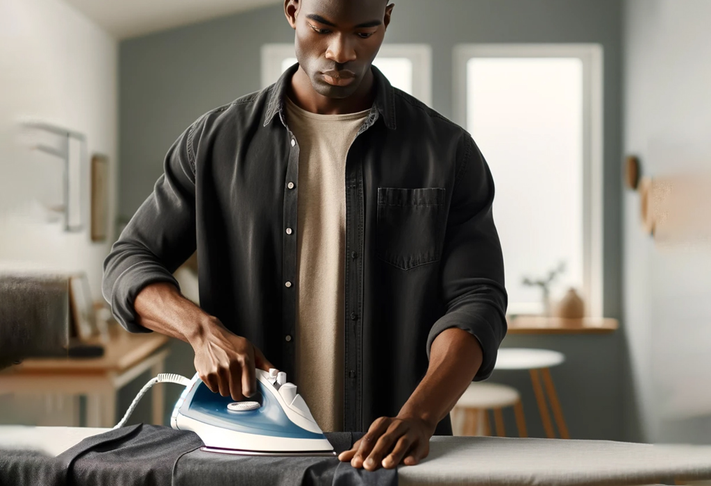 man ironing clothes