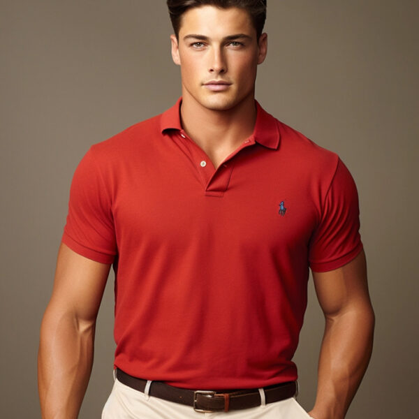 man wearing red polo with chinos