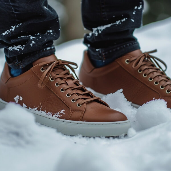 Dress sneakers worn in the snow