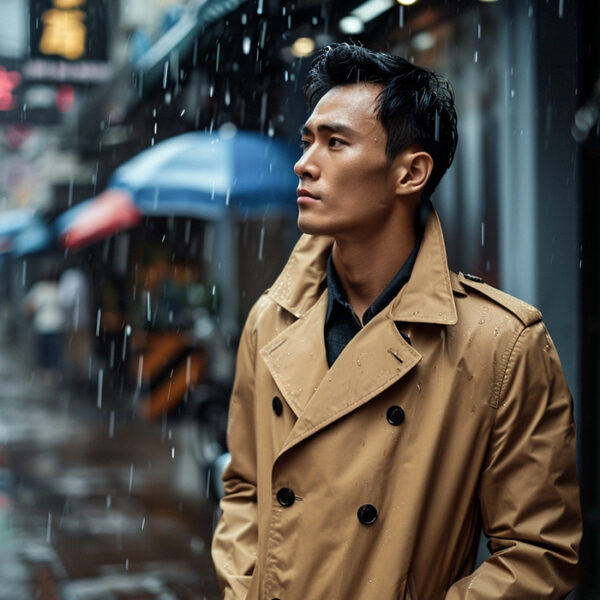 man in trench coat standing under the rain