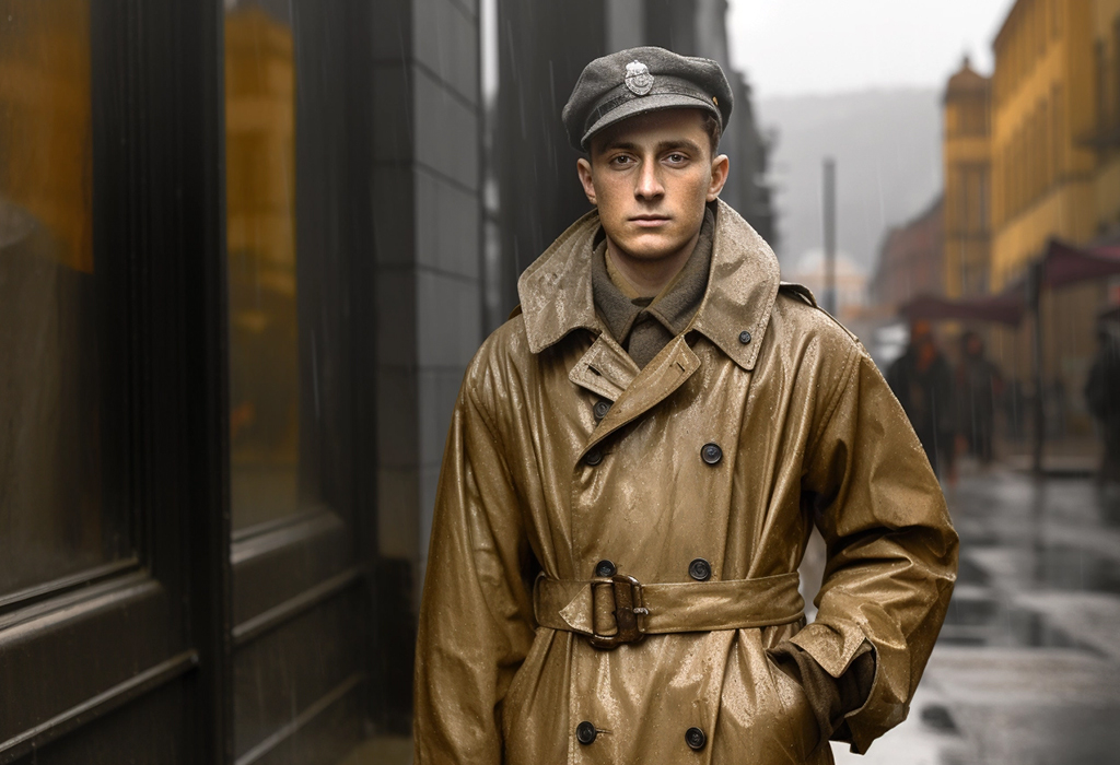 20 century soldier in a trench coat under the rain