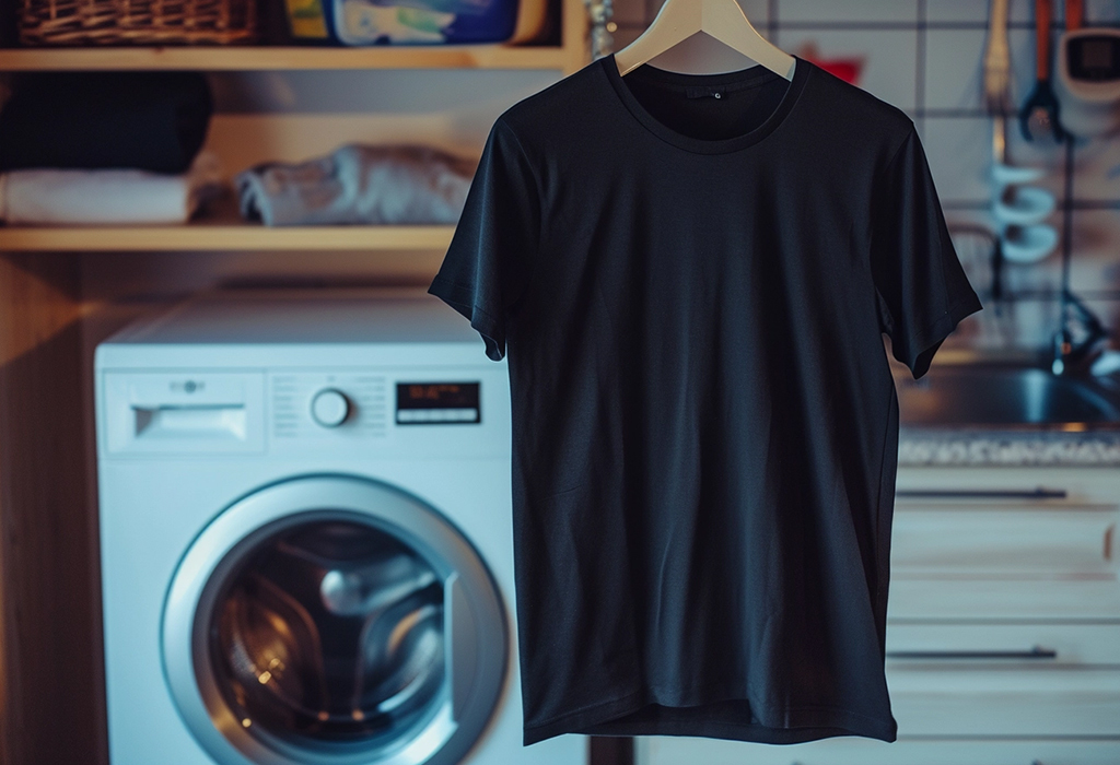 dark color t-shirt on a rack in laundry room