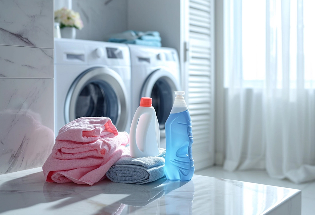 laundry room with liquid detergents