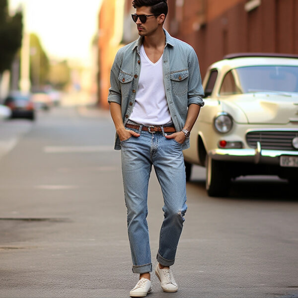 man walking in 501 levi's jeans and denim shirt