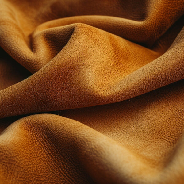 A detailed view of a supple, golden-brown leather or suede material, highlighting its rich texture and the elegant folds that give it a luxurious appearance