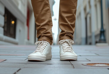 White sneakers and chinos on a brick sidewalk