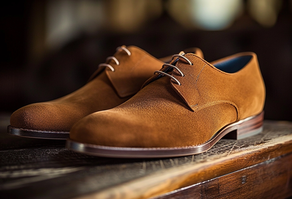 suede dress shoes on wooden surface
