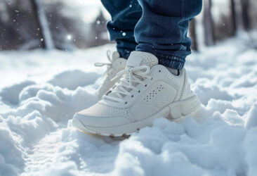 White sneakers in the snow with joggers