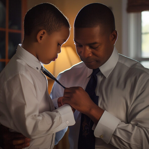 father teaches son how to tie a tie