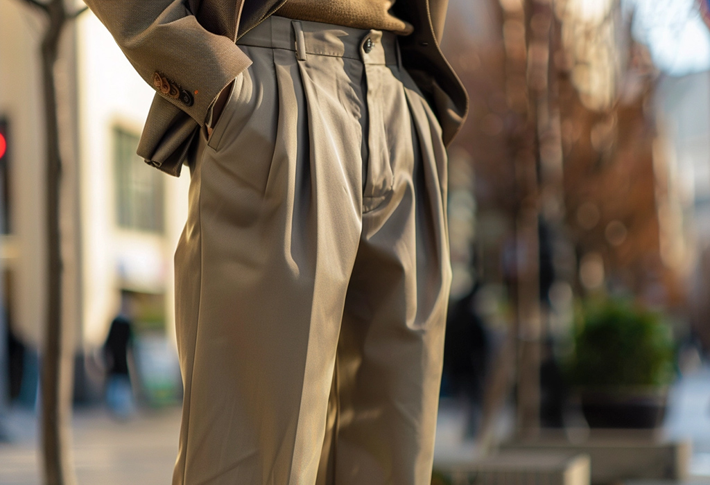 man wearing pleated pants and jacket