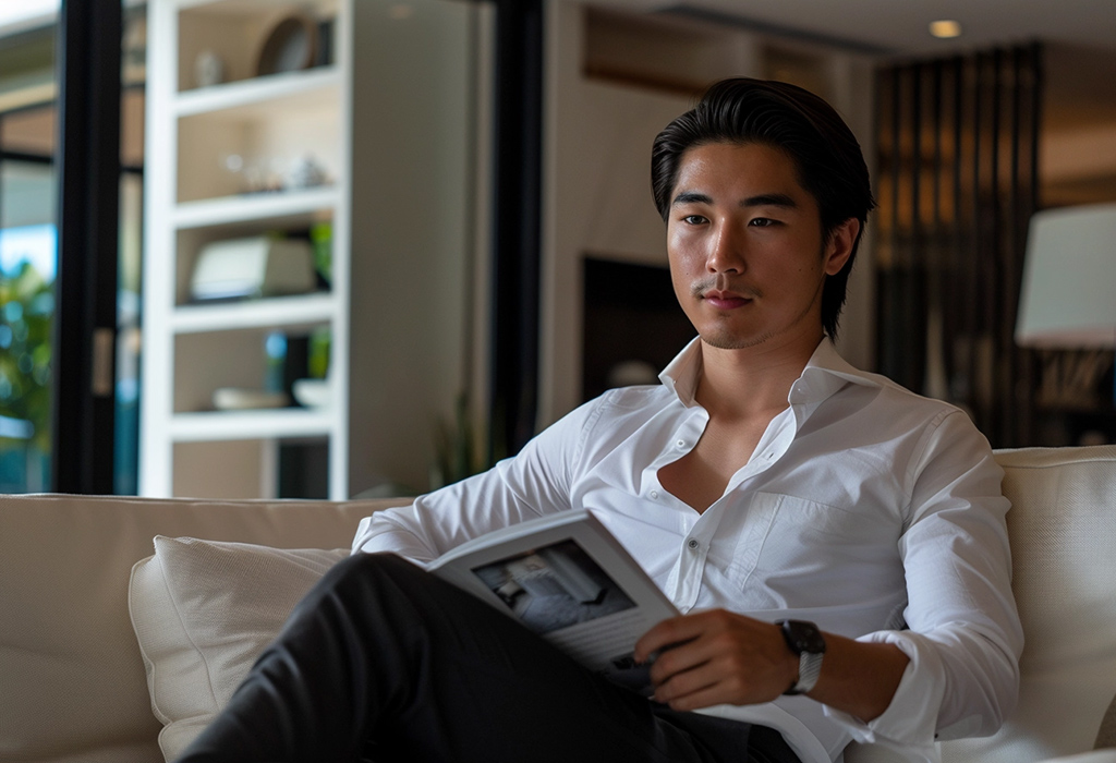 young guy in white dress shirt reading fashion book