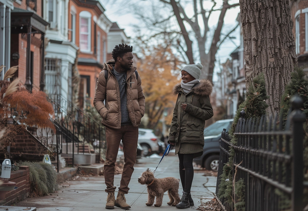 young man and woman with dog talking on the street