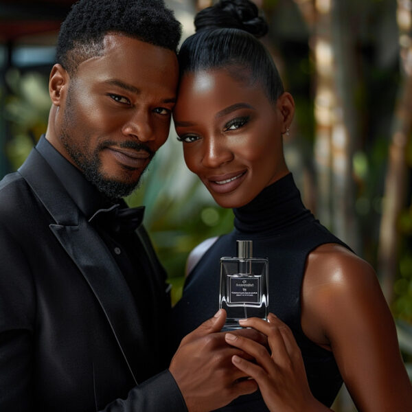 black man and woman holding bottle of unisex fragrance