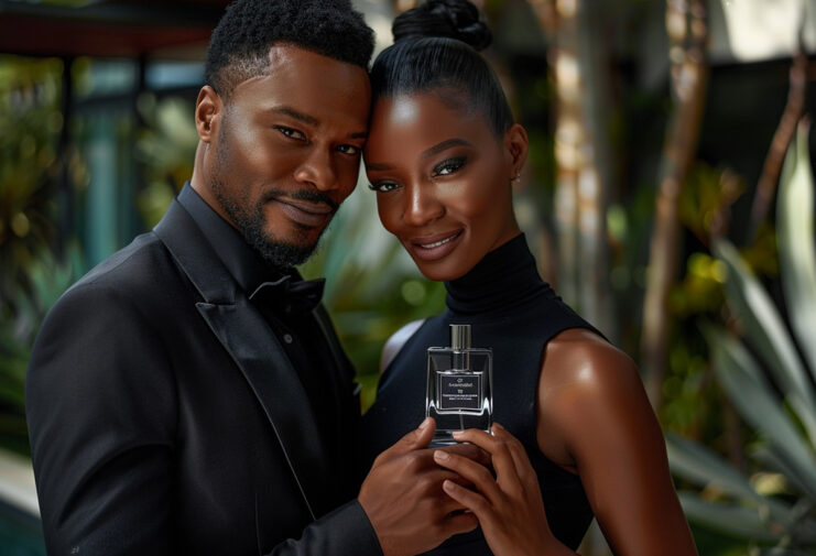 black man and woman holding bottle of unisex fragrance