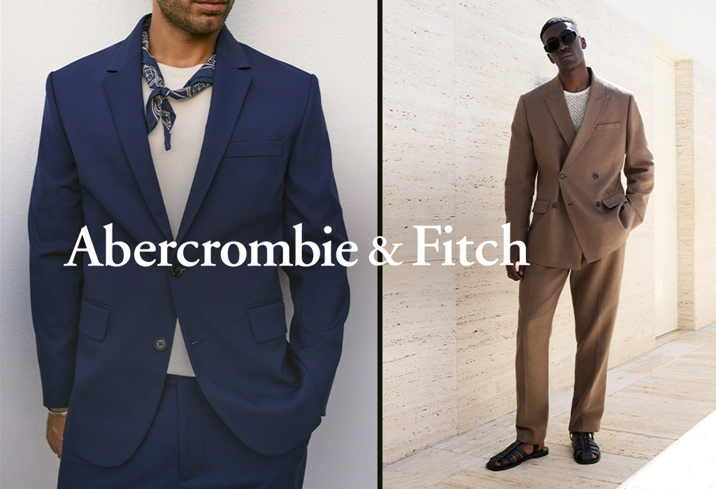 Abercrombie & Fitch promo with two men wearing suits with t-shirts