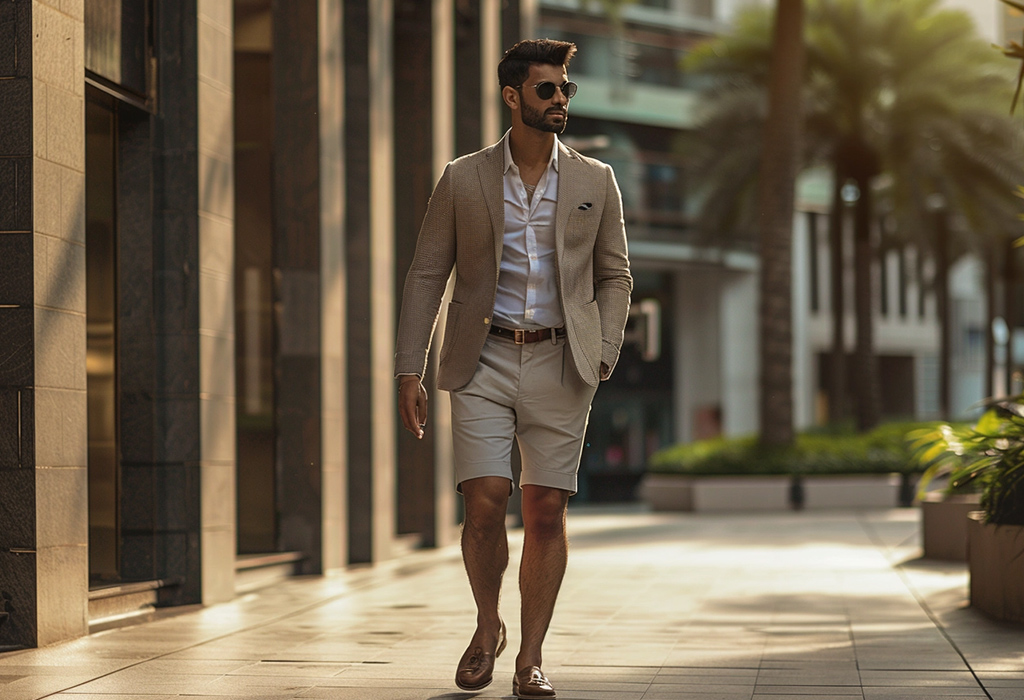 man walking in formal shorts and jacket blazer
