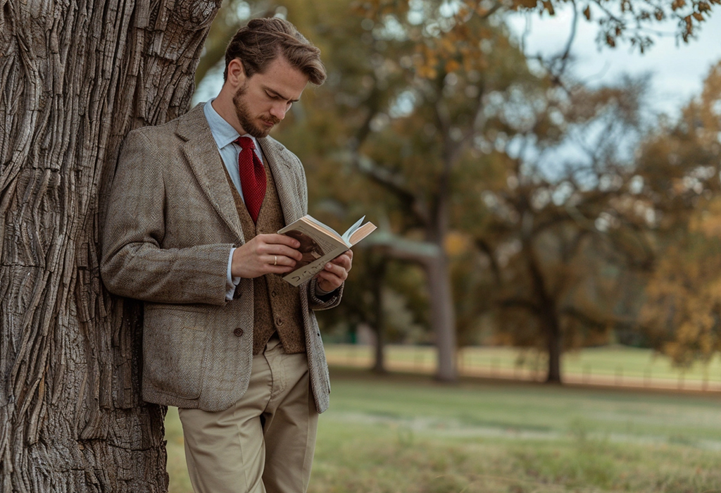 Man leaning against a tree reading, wearing khaki chinos, an oxford shirt with a knit red tie, a gray tweed sport coat