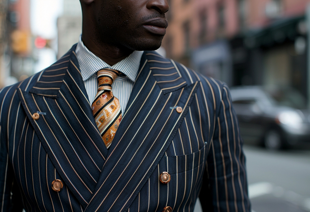Man wearing 80s style double-breasted pinstriped suit with art deco tie