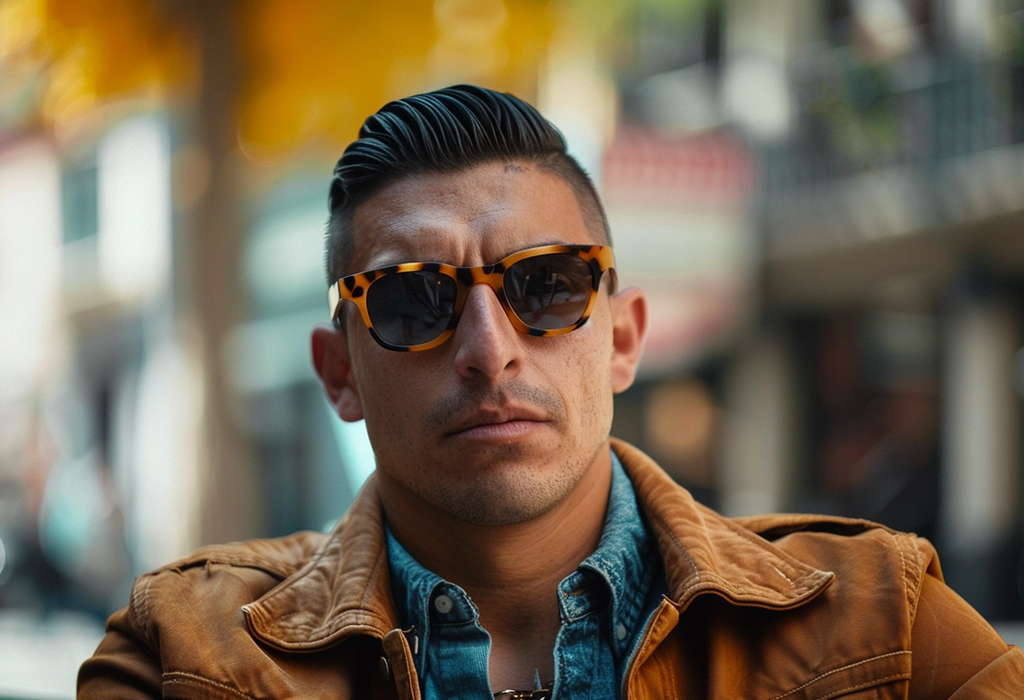 Man wearing brown tortoiseshell sunglasses