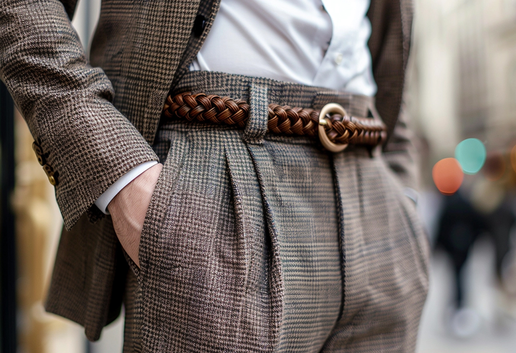 Man wearing double pleated brown houndstooth wool trousers, paired with a brown braided belt