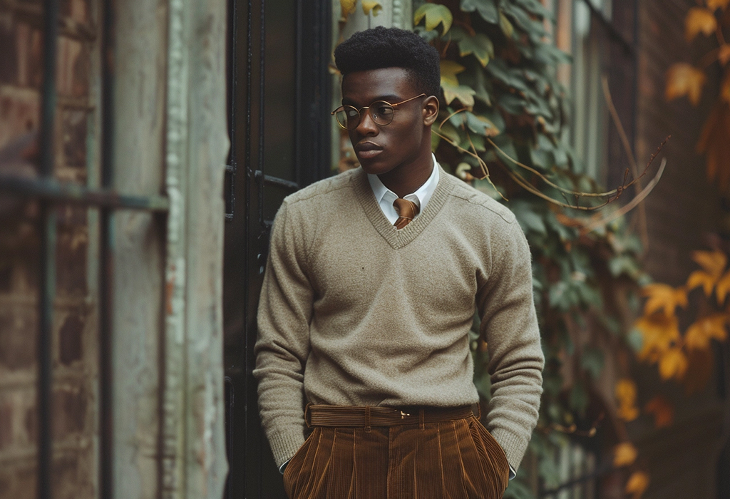 Man wearing high-waisted, pleated corduroy trousers with a tucked-in oxford shirt and wool sweater.