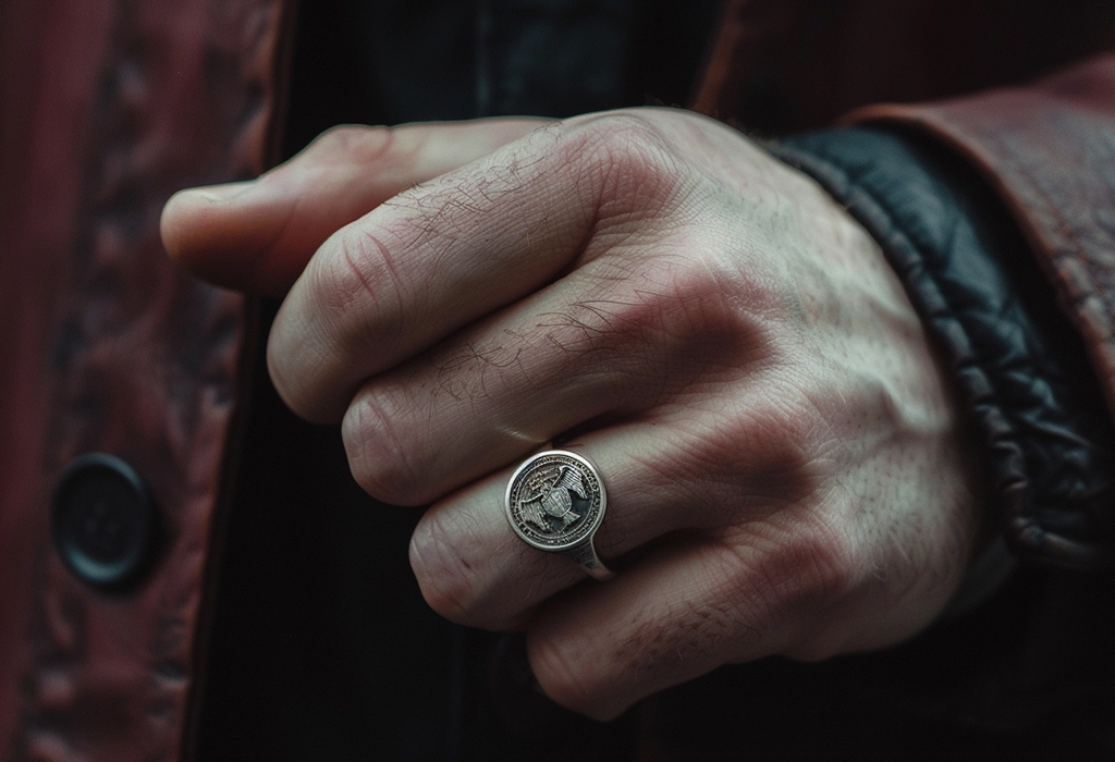 Man’s hand adorned with a simple silver signet ring on his pinky. Ring has a tasteful coat seal engraved on it