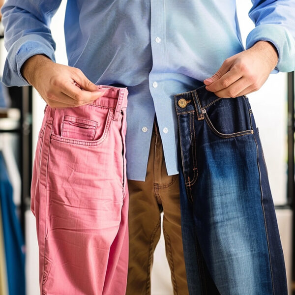 man trying to choose between two different pairs of pants