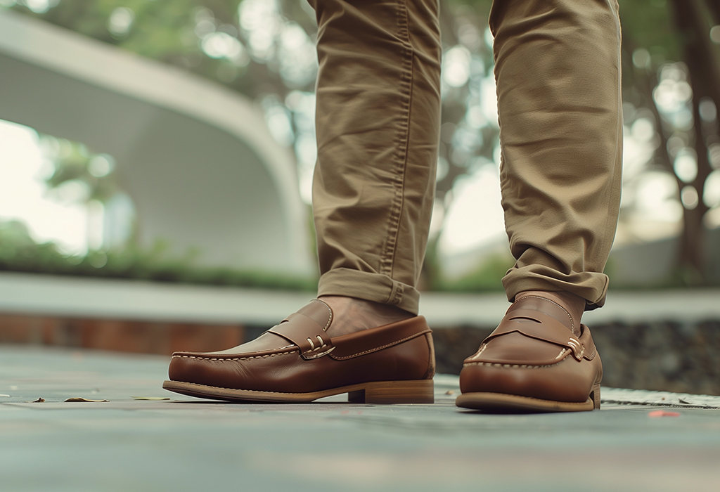 man wearing dark brown leather loafers with khaki pants