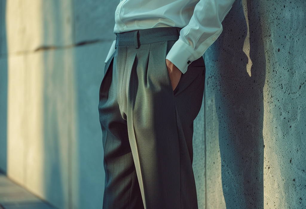man wearing high-waisted pleated pants
