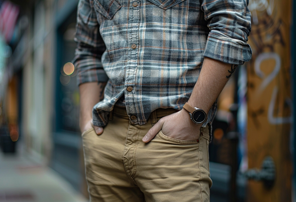 man wearing somewhat disheveled looking khakis and plaid button down shirt