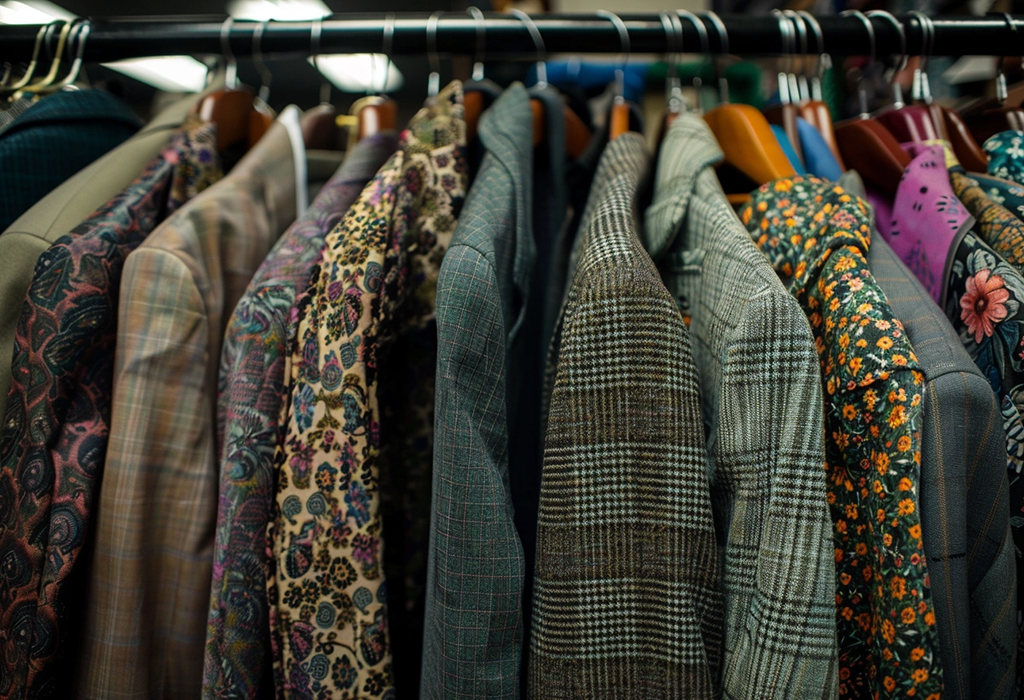 Thrift store rack filled with textured and colorful suits and jackets, and patterned shirts