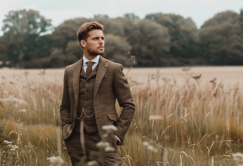 man in the English countryside wearing a brown tweed suit