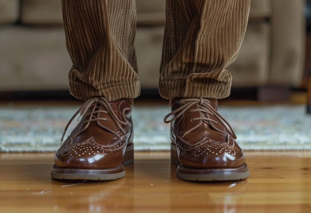 wearing corduroy pants with brown oxford shoes