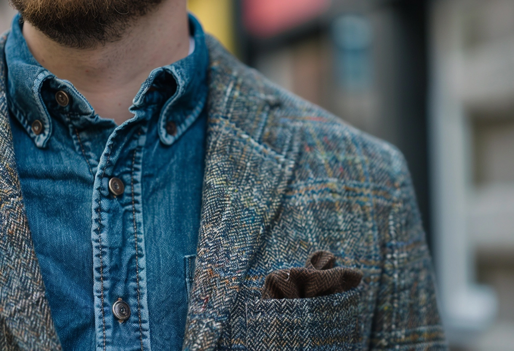 man wearing a denim shirt paired with a tweed suit