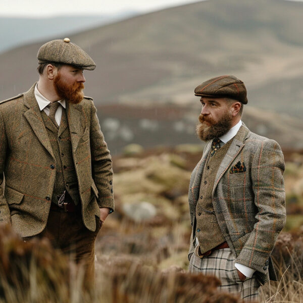men in Scottish hills wearing thick tweed suits and tweed caps