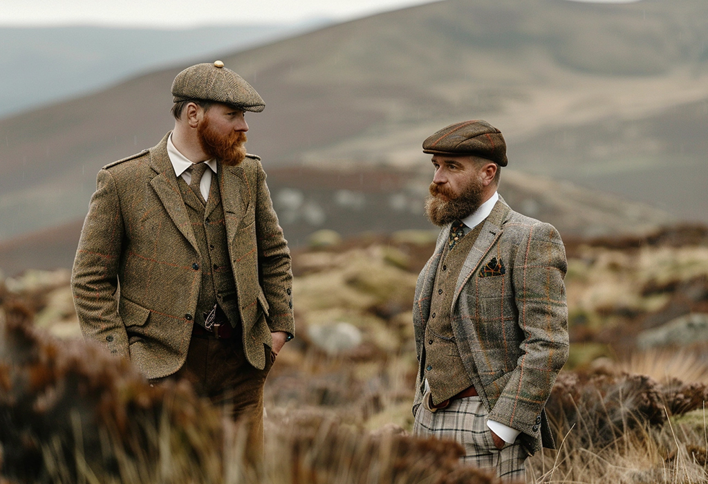 men in Scottish hills wearing thick tweed suits and tweed caps