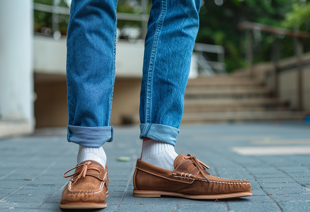 Man wearing classic, straight-fit blue jeans paired with brown tassel loafers and white socks